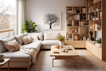Cozy apartment with natural wooden furniture generated by Ai