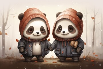  a couple of panda bears standing next to each other in front of a forest filled with leaves and falling down on it's head and one another panda holding the other's hand.