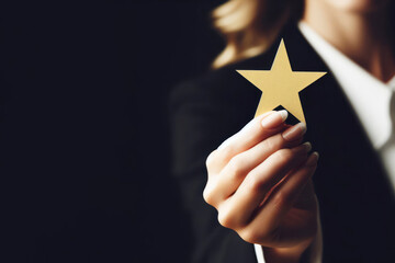 Woman's hand holds one star on a black background. Customer Experience Concept. ai generative