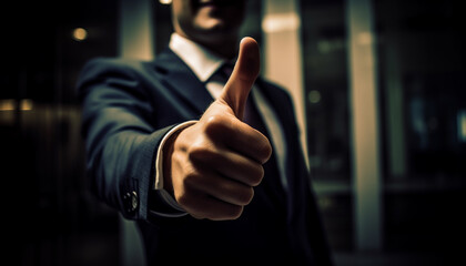 The successful businessman shows confidence with a thumbs up gesture generated by AI