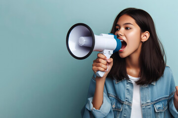 Young girl shouting into a megaphone on solid background copy space. ai generative - obrazy, fototapety, plakaty