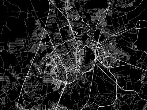 Vector road map of the city of Kursk in the Russian Federation with white roads on a black background.