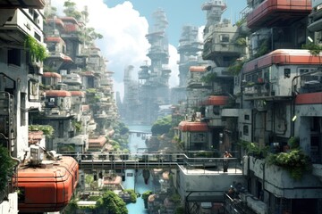  a futuristic city with lots of tall buildings and a river running through the center of the city, with a bridge in the middle of the middle of the city.