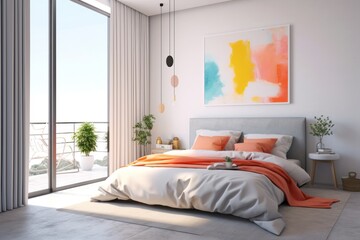  a bed sitting in a bedroom next to a window with a painting on the wall and a painting hanging on the side of the bed with a painting on the wall.