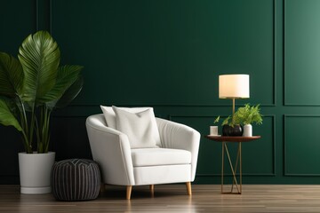  a living room with green walls, a white chair and a table with a potted plant on it, and a white chair with a white pillow on it.