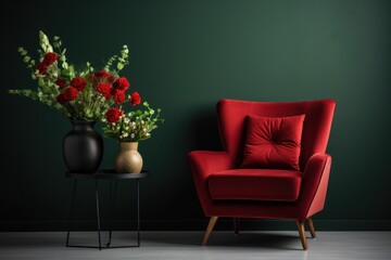  a red chair next to a black table with a vase of red carnations and a black vase with red carnations and a gold vase with red carnations.
