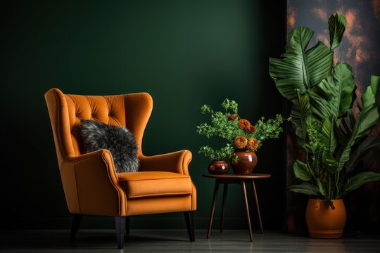  a chair next to a table with a potted plant and a potted plant next to a chair with a black and white fur pillow on the back of the chair.