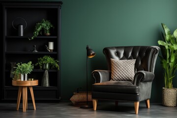  a living room with a chair, potted plants and a bookshelf in the corner of the room and a table with a potted plant on it.