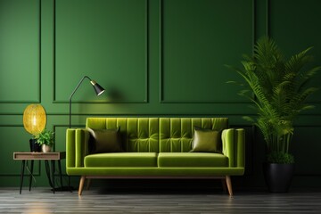  a green couch sitting in a living room next to a table with a lamp on top of it and a potted plant on the other side of the couch.