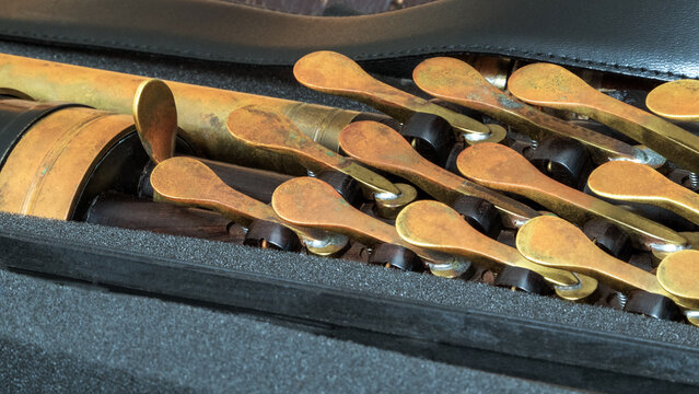 Uilleann Pipes, close up photograph 