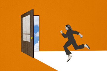 Collage artwork graphics picture of excited funny teen lady running open opportunities door isolated orange color background