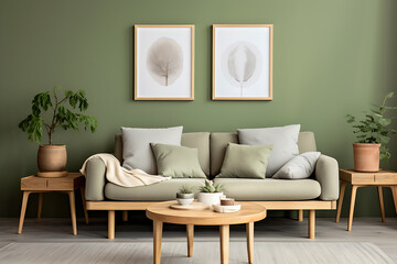 A round coffee table near sofa against green window generated by Ai