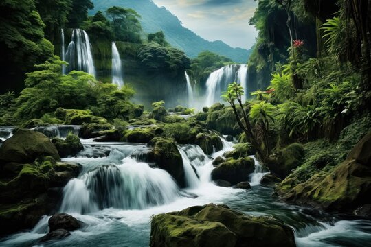  a painting of a waterfall in the middle of a forest filled with lots of green plants and a red bird perched on top of a tree in the middle of the waterfall.