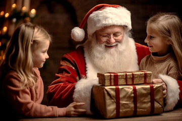 Fototapeta na wymiar Santa Claus gives gift boxes to little children. Children love being given gifts at Christmas. Generative AI