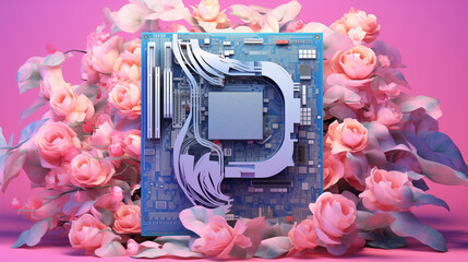 A motherboard with  pink flowers on it. Funny computing concept. 