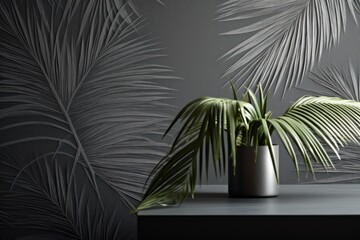  a potted plant sitting on a table in front of a wall with a palm leaf pattern on it and a grey background with a white vase with a green plant in the foreground.