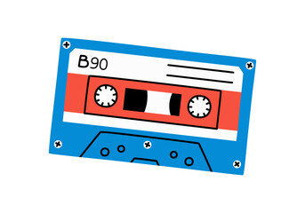 Hand drawn cute cartoon illustration of retro music cassette. Flat vector old audio tape sticker in simple colored doodle style. Sound record device icon or print. Black and pink colors. Isolated.