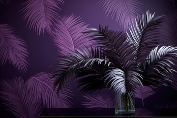  a palm tree in a vase on a table in front of a wall with a purple wallpaper and a purple wall with a palm tree in front of it.