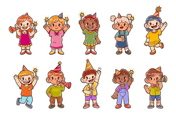 Kids character vector celebrating new year illustration set
