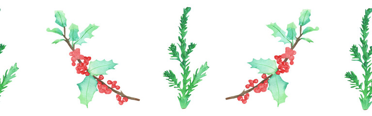 Christmas watercolor horizontal seamless background with fir branches and winter berries on white background