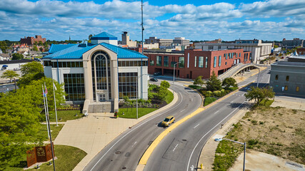 City of Muncie building along N High Street aerial in downtown Midwest town, IN