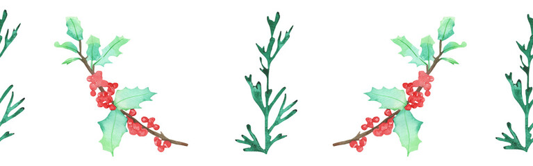 Fototapeta premium Christmas watercolor horizontal seamless background with fir branches and winter berries on white background