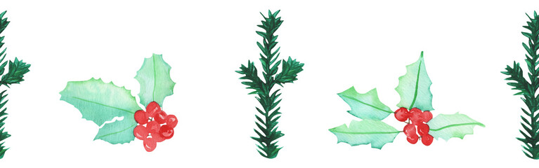 Christmas watercolor horizontal seamless background with fir branches and winter berries on white background