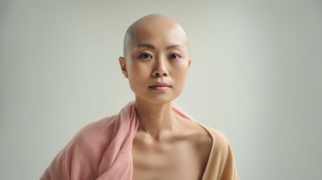 A woman, bald from cancer treatment.