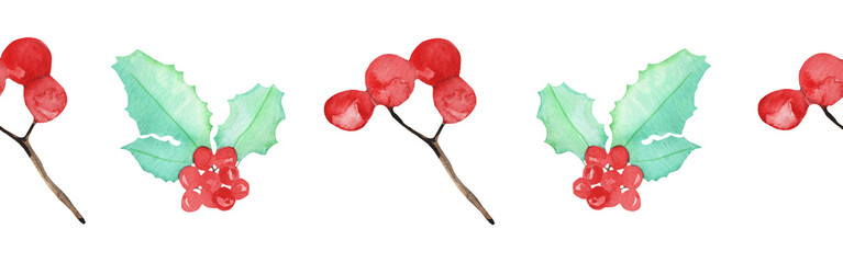 Christmas watercolor horizontal seamless background with winter berries on white background