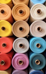 Colorful rolls of fabric stacked together,close up