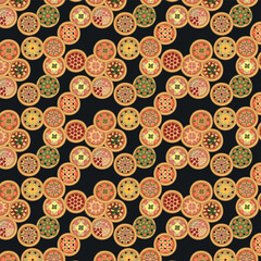 Seamless pattern with various round pizzas lying in chaotic manner on dark background design