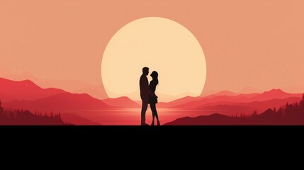Silhouette of a couple in the sunset, hugging each other. Valentine's day, romantic and love theme background