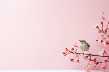 A pink background with flowers and a small sparrow bird