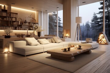 Cozy bright modern living room. White interior background