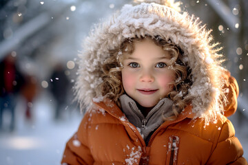 Portrait of little girl playing in the snow. Cute female child wearing thick jacket, was running with happy expression. Little girl enjoying the holidays outdoors in snowfall. Generative AI