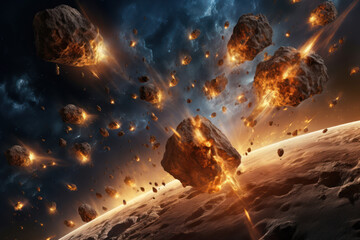  an artist's rendering of an explosion of rocks and debris on the surface of a planet in the foreground is a blue sky with clouds and yellow stars.