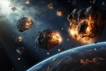  an artist's impression of a massive explosion of rocks and debris in space, with a planet in the foreground and a distant view of the earth in the background.