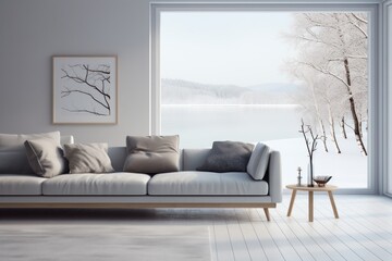  a couch sitting in a living room next to a window with a view of the snow covered trees outside of the window and a table with a vase on it.