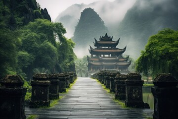  a long wooden walkway leading to a pagoda in the middle of a forest with mountains in the background and fog in the air, with trees and fog in the foreground.