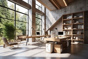  a room with a desk, chair, bookshelf and a computer on a desk in front of a large window with a view of a wooded area with lots of trees.