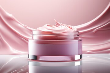 Moisturizing face cream. Pink floral beauty product background