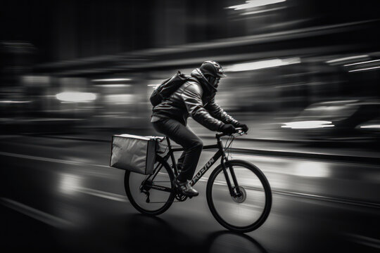  a black and white photo of a person riding a bike with a bag on the back of the bike and a blurry image of a building in the background.