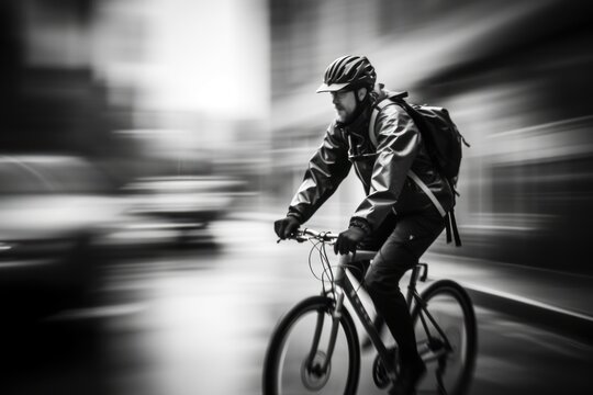  a black and white photo of a man riding a bike down the street with a backpack on his back and a backpack on the back of his back of his bike.