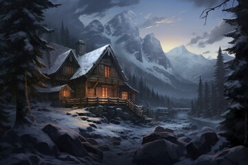  a painting of a cabin in the mountains with snow on the ground and trees in the foreground and a mountain range in the background with snow on the ground. - obrazy, fototapety, plakaty