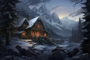 Foto op Canvas  a painting of a cabin in the mountains with snow on the ground and trees in the foreground and a mountain range in the background with snow on the ground. © Shanti