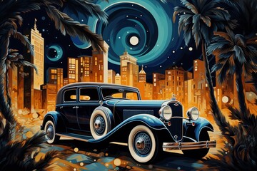  a painting of an old car parked in front of a city at night with a full moon and stars in the sky over the city and palm trees in the foreground.