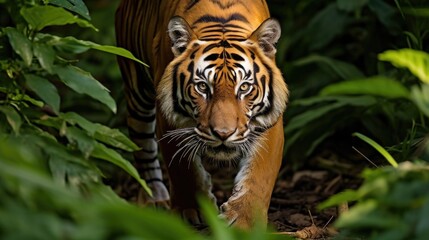 Obraz premium A magnificent Bengal tiger prowling through a dense jungle