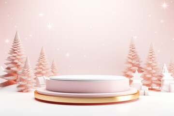 Merry Christmas banner with stage product display cylindrical shape and festive decoration for Christmas, snow background, promotion display, 3D rendering product display platform.