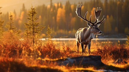 Reindeer peacefully grazing in a sunlit meadow surrounded by Lapland's golden autumnal colors