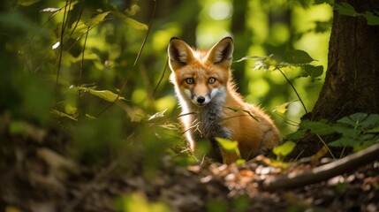 A curious fox in a dense forest